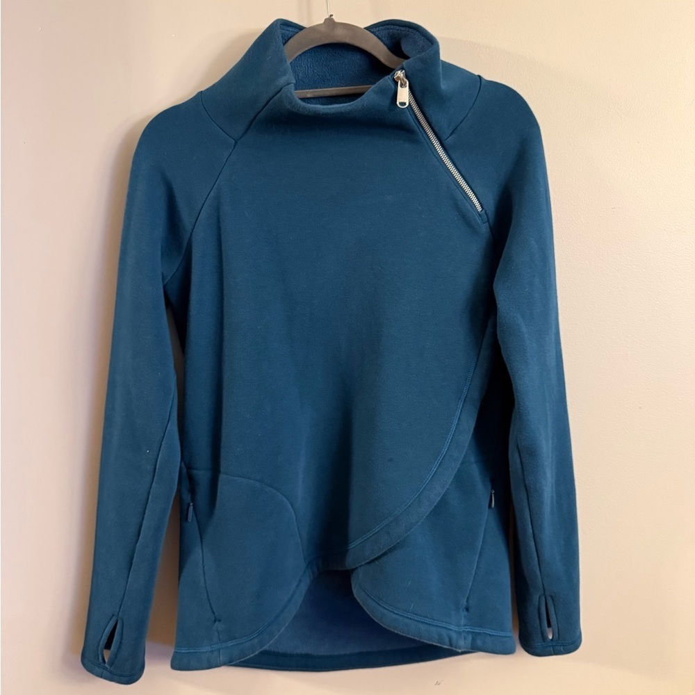 Athleta Cozy Karma Asym Pullover Blue XS Asymmetric Zip Fleece Sweatshirt
